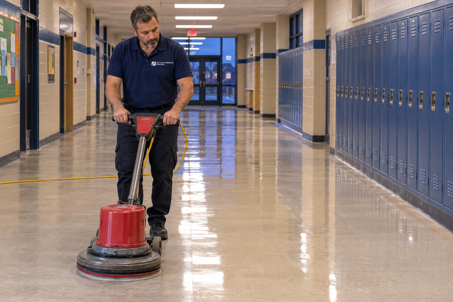 Corridor d'école avec plancher de vinyle fraîchement ciré