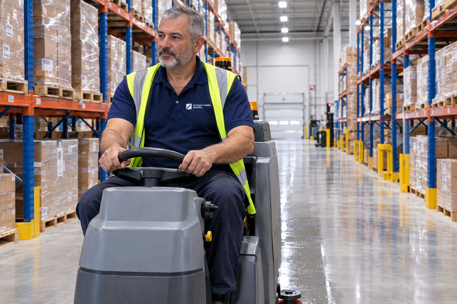 Opérateur conduisant une autolaveuse dans l'allée d'un entrepôt de distribution